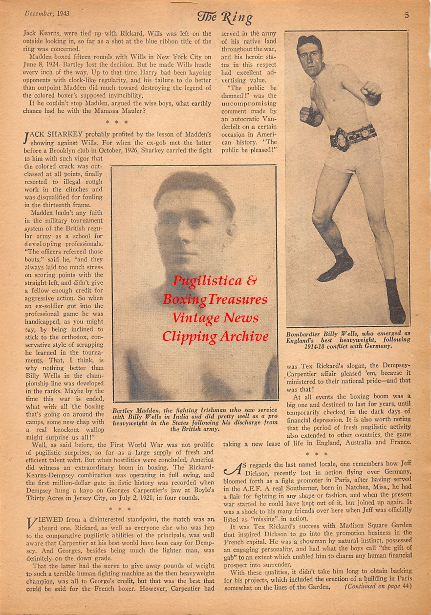 Boxing News Clipping #2434 - Siggie Lander, Bartley Madden, Bombardier Billy Wells