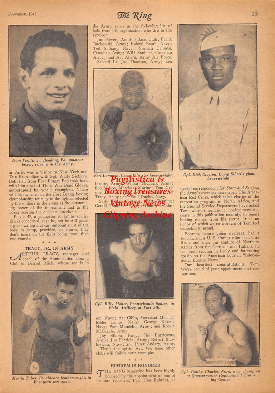 Boxing News Clipping #2442 - Dom Fiantini, Martin Taber, Billy Maher, Earl Lomman, Dick Clayton, Bobby Charles Nora, Joe Latona, Joe Louis, Calvin Lincoln, Walter Hafer