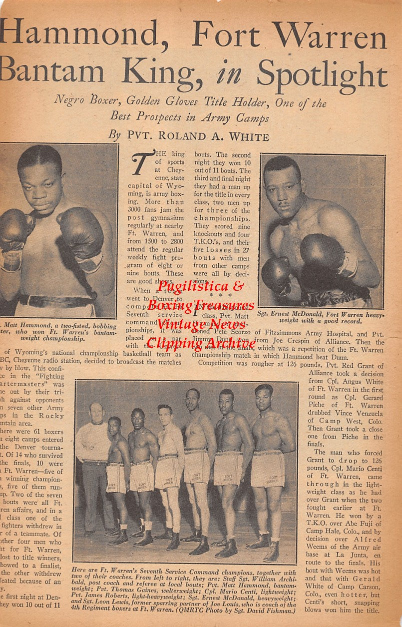Boxing News Clipping #2446 - Matt Hammond, Ernest McDonald, William Archibald, Thomas Gaines, Mario Centi, James Roberts, Leon Lewis, Bobby Ruffin vs. Beau Jack, Jake Lamotta vs. Jose Basora, Fritzie Zivic vs. Vinnie Vines