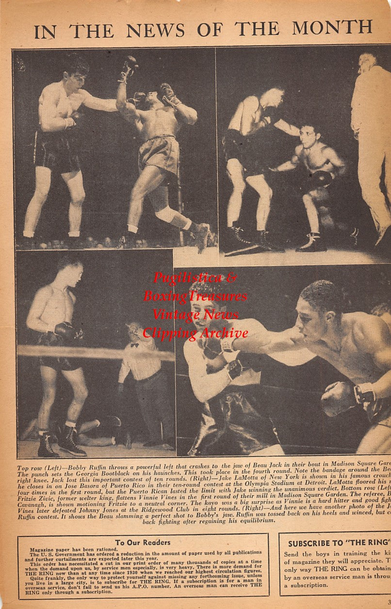 Boxing News Clipping #2446 - Matt Hammond, Ernest McDonald, William Archibald, Thomas Gaines, Mario Centi, James Roberts, Leon Lewis, Bobby Ruffin vs. Beau Jack, Jake Lamotta vs. Jose Basora, Fritzie Zivic vs. Vinnie Vines