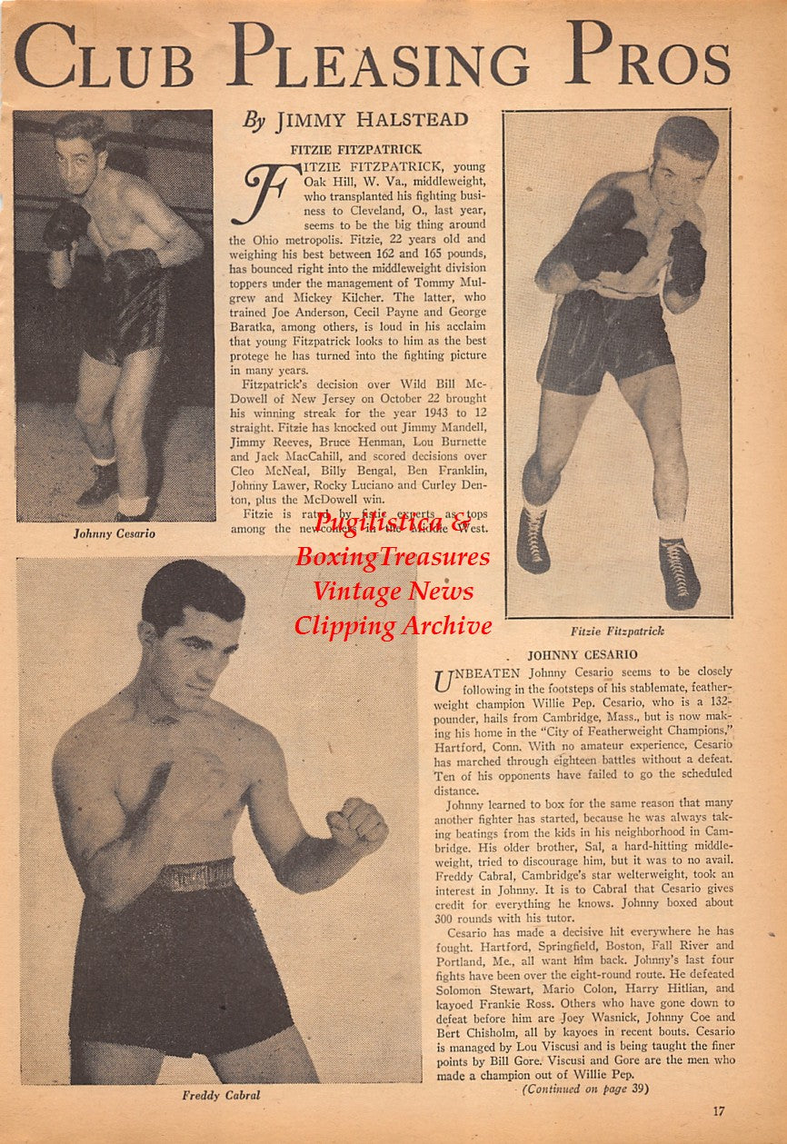 Boxing News Clipping #2457 - Johnny Cesario, Fitzie Fitzpatrick, Freddy Cabral, KP Arceneaux, Leonard Deniola, Kriss Kilgriss, Don Christianson, Seymour Raybeck, Rod Holcomb, Al Legnal, Thomas Clarke, Ira Capper, Sol Schimmizzi, Tommy Roman, Wally Mifflin