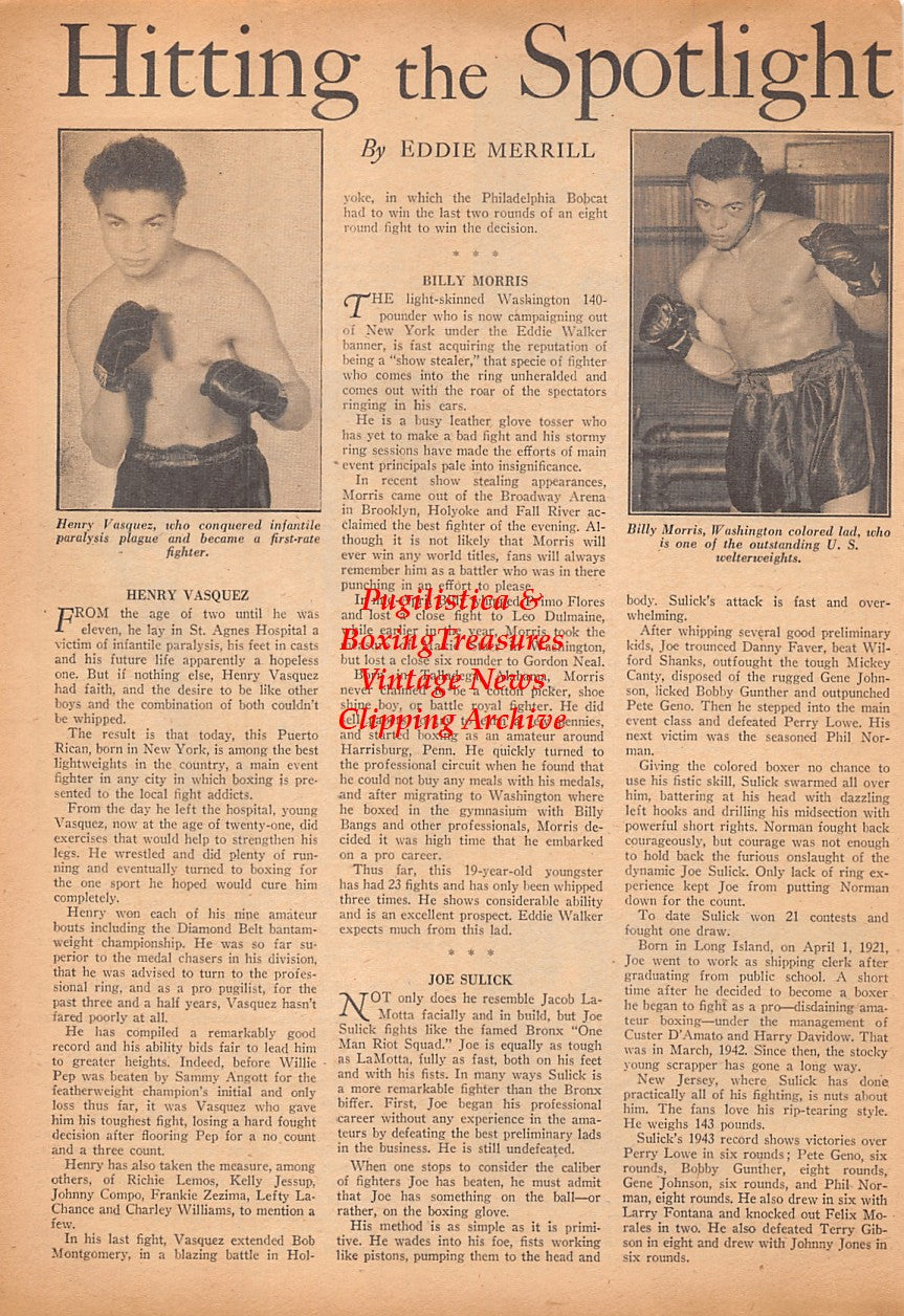 Boxing News Clipping #2460 - Henry Vasquez, Billy Morris, Gerard Piche, Roy Grant, Jack Dempsey, Chuck Railey, Thomas Gaines, Ed Reyes, Ed Ely
