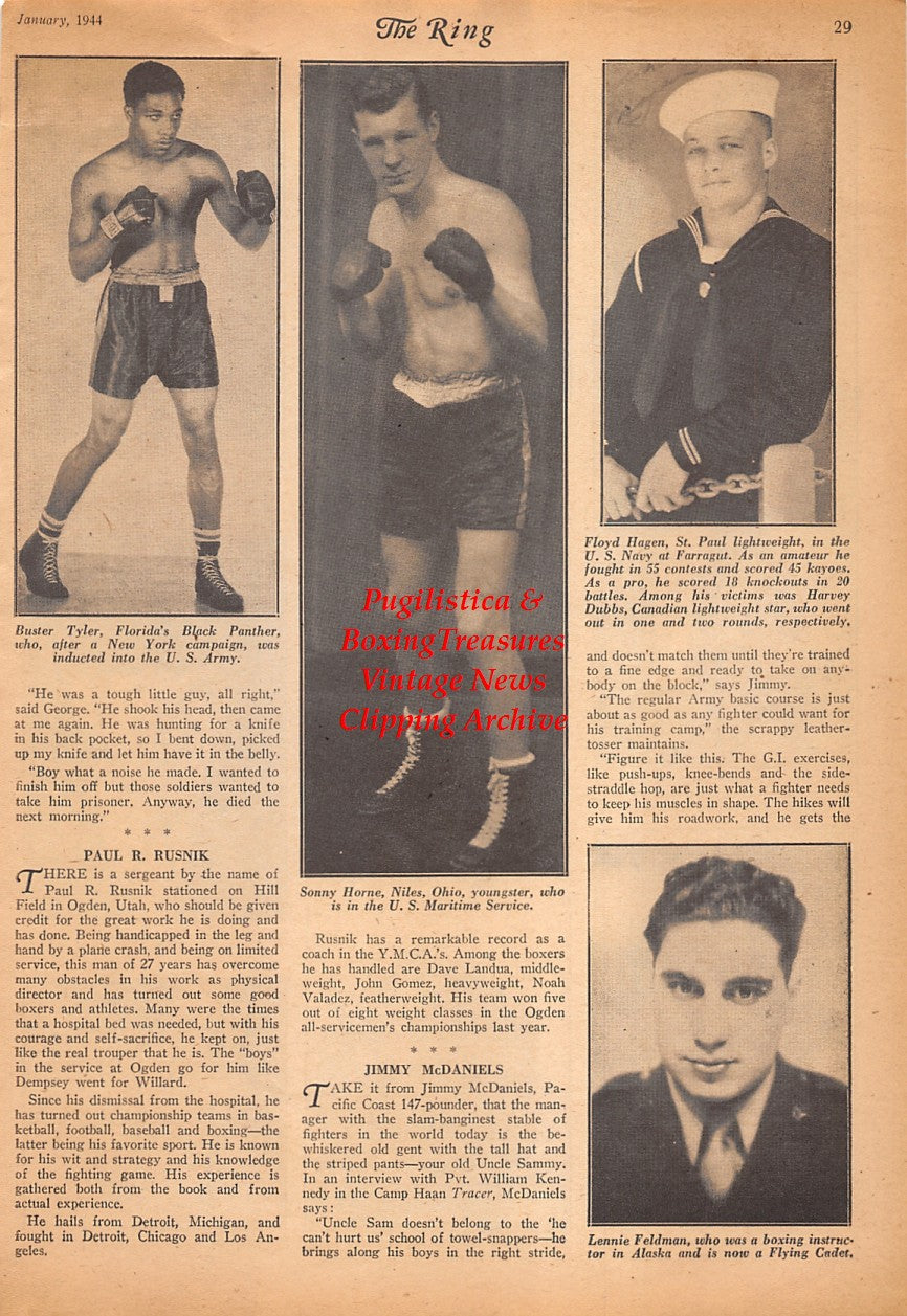 Boxing News Clipping #2461 - Johnny Hudek, Johnny Pretzie, Morris Reif, Emmett Yanoz, Ray Rowland, Billy Miller, Johnnie Nemis, Buster Tyler, Sonny Horne, Floyd Hagen, Lennie Feldman
