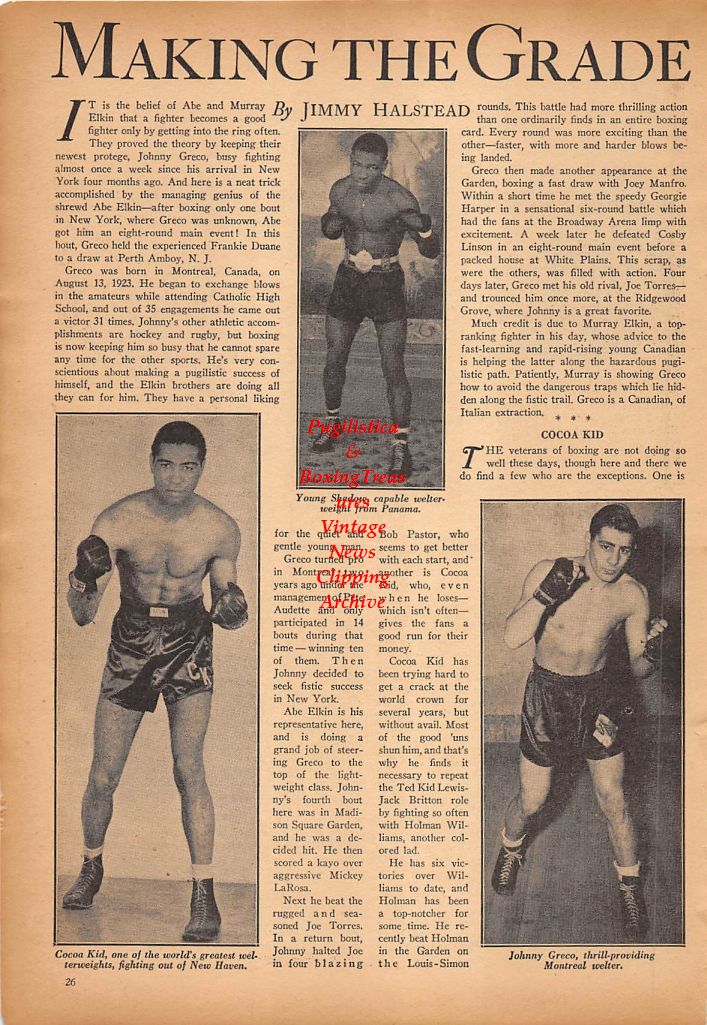 Boxing News Clipping #248 - Young Shadow, Cocoa Kid, Johnny Greco, Warren Peterson