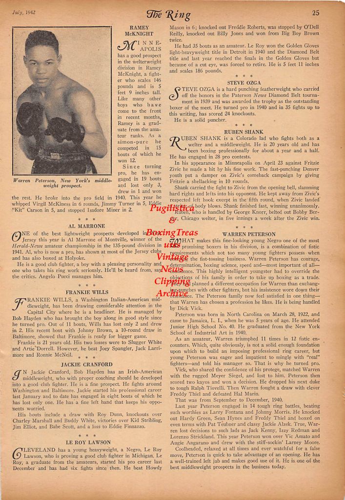 Boxing News Clipping #248 - Young Shadow, Cocoa Kid, Johnny Greco, Warren Peterson