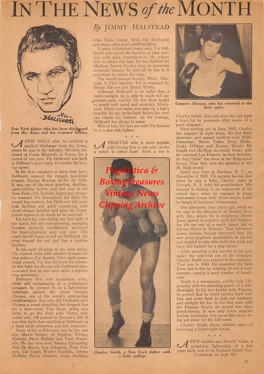 Boxing News Clipping #2483 - Vic Dellicurti, Charley Smith, Gaspare Abruzzo, John Livermore, Barney Hensely, Joseph Palipchak, George Burns, Joe Gilberti, Sal Parcello, Horace Childs, WWII Military boxing and many others