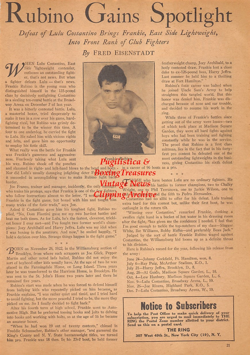 Boxing News Clipping #2484 - Frankie Rubino, William Krell, Brennan Wright, Lew Jenkins, Steve Roszina, Jim Flynn, Sam Corillo, WWII Military Boxing