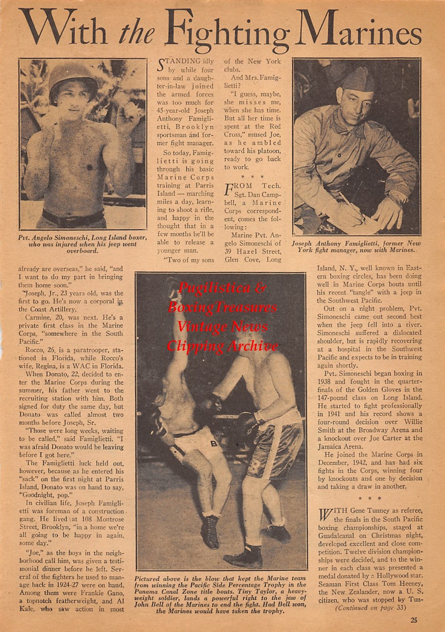Boxing News Clipping #2486 - Rafael Nieves, Elmer Biggerstaff, Tiny Taylor, Elmo Latta Jr., Frank Feener, Jimmy Falls, Angelo Simoneschi, Joseph Famiglietti, John Bell, WWII Military Boxing