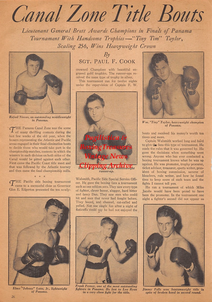 Boxing News Clipping #2486 - Rafael Nieves, Elmer Biggerstaff, Tiny Taylor, Elmo Latta Jr., Frank Feener, Jimmy Falls, Angelo Simoneschi, Joseph Famiglietti, John Bell, WWII Military Boxing