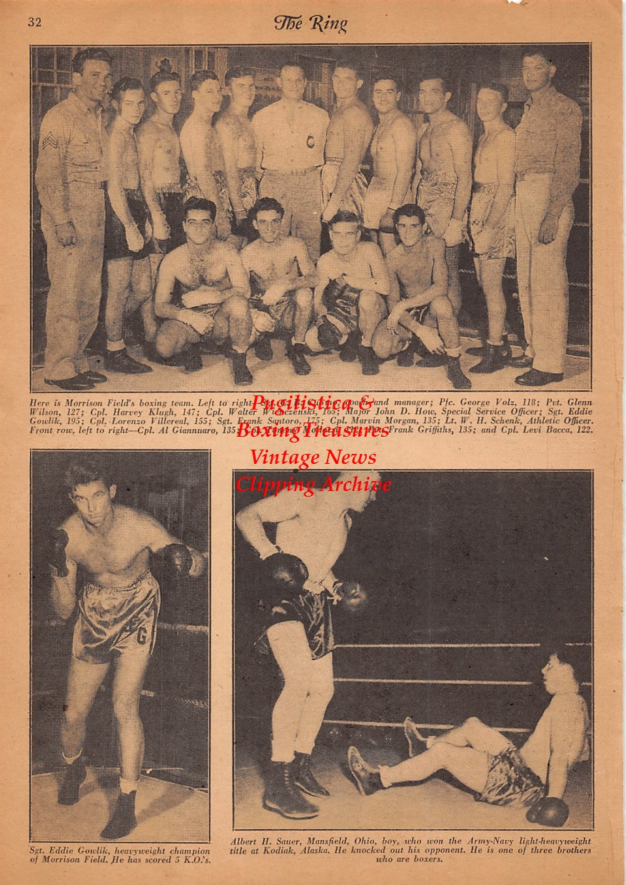 Boxing News Clipping #2487 - Ray Battisto, Don Guolette, Leo Buckband, Eddie Gowlik, Albert Sauer, Glenn Wilson, Harvey Klugh, Walter Wienczenski, John How, Frank Santoro, Marvin Morgan and others, WWII Military Boxing