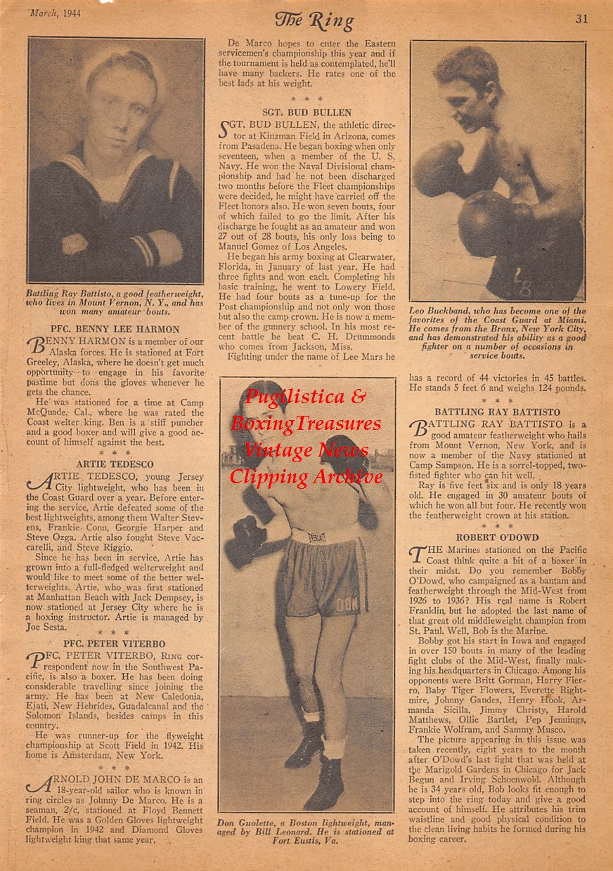 Boxing News Clipping #2487 - Ray Battisto, Don Guolette, Leo Buckband, Eddie Gowlik, Albert Sauer, Glenn Wilson, Harvey Klugh, Walter Wienczenski, John How, Frank Santoro, Marvin Morgan and others, WWII Military Boxing