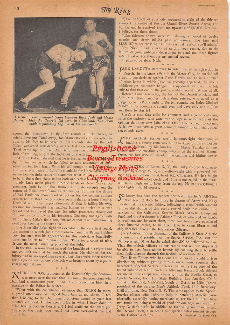 Boxing News Clipping #2494 - Al Bummy Davis vs. Bob Montgomery, Beau Jack vs. Maxie Berger