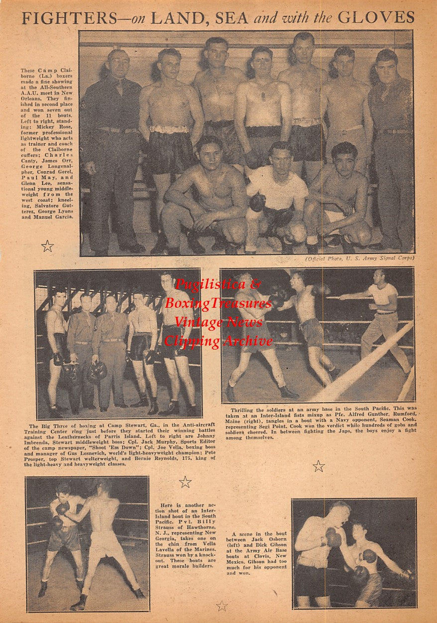 Boxing News Clipping #2495 - Bombardier Billy Wells, Charley Harvey, Jem Driscoll, Alfred Gunther, Billy Strauss, Vella Lavella, Jack Osborn, Dick Gibson, Mickey Rose and many others. WWII Military Boxing