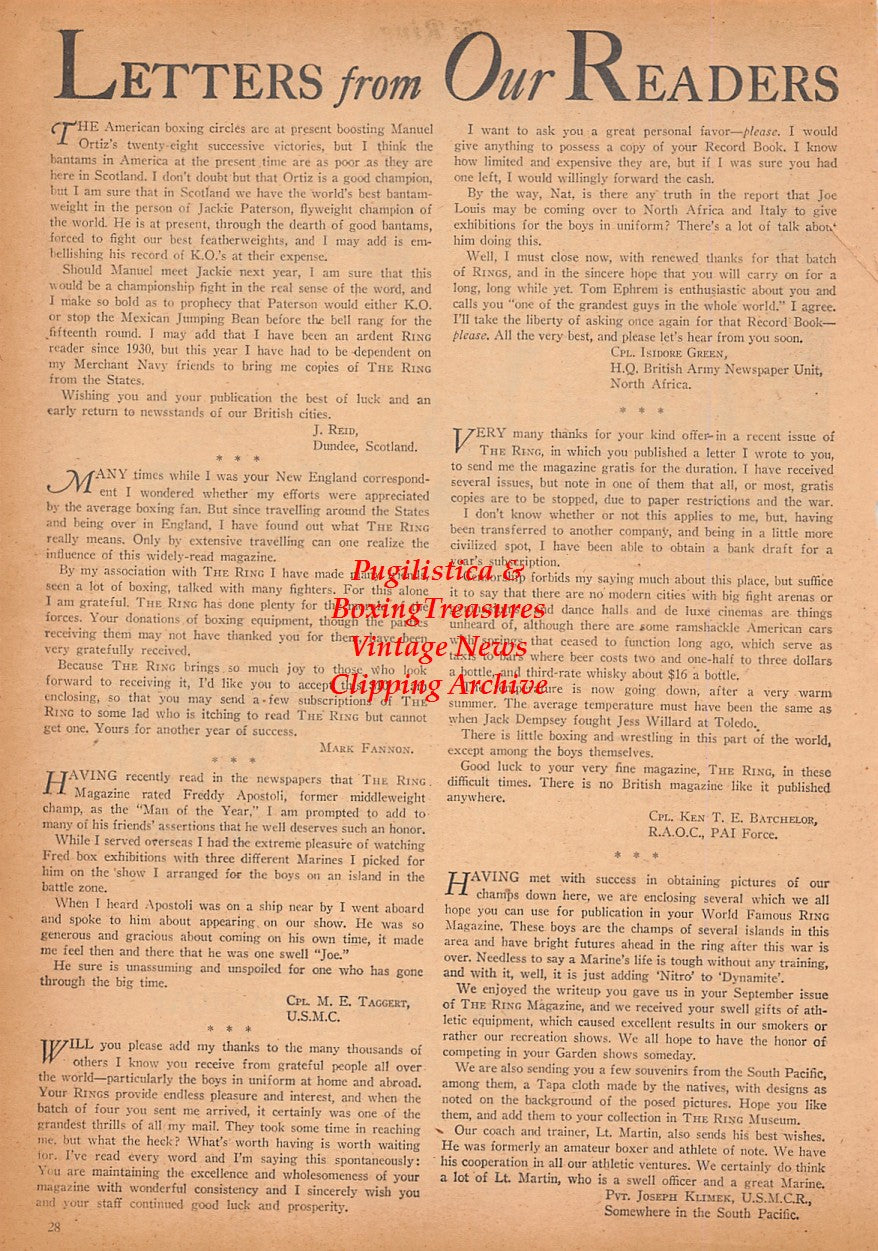 Boxing News Clipping #2497 - Al Roth, James Whitmore, Killer Sabia, William Sweet, Baby Face Hines, Dude Hale, WWII Military Boxing