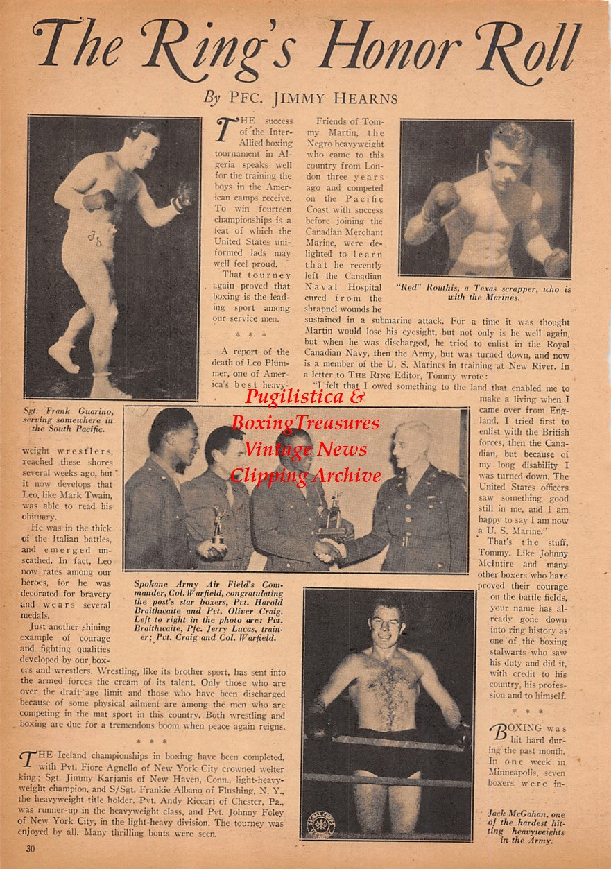 Boxing News Clipping #2498 - Frank Guarino, Red Routhis, Harold Braithwaite, Oliver Craig, Jerry Lucas, Jack McGahan, WWII Military Boxing