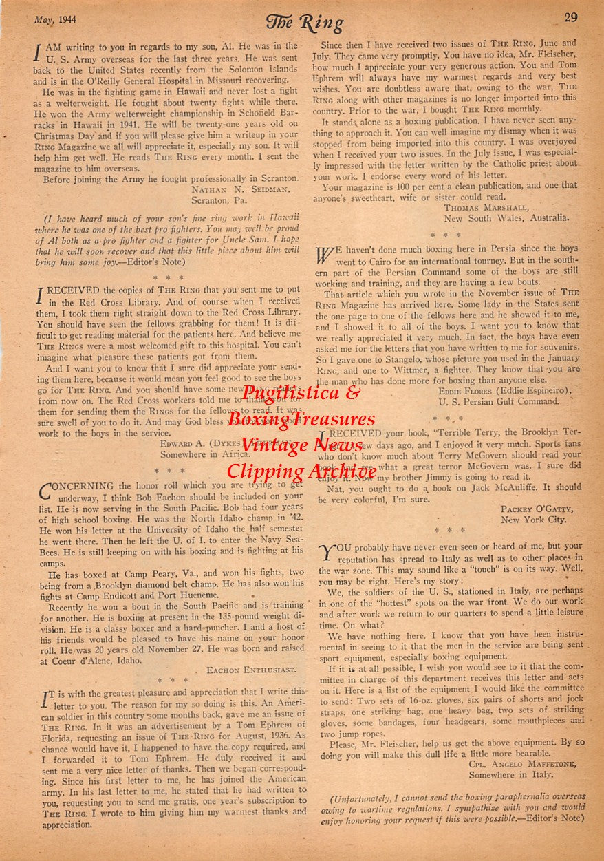 Boxing News Clipping #2498 - Frank Guarino, Red Routhis, Harold Braithwaite, Oliver Craig, Jerry Lucas, Jack McGahan, WWII Military Boxing