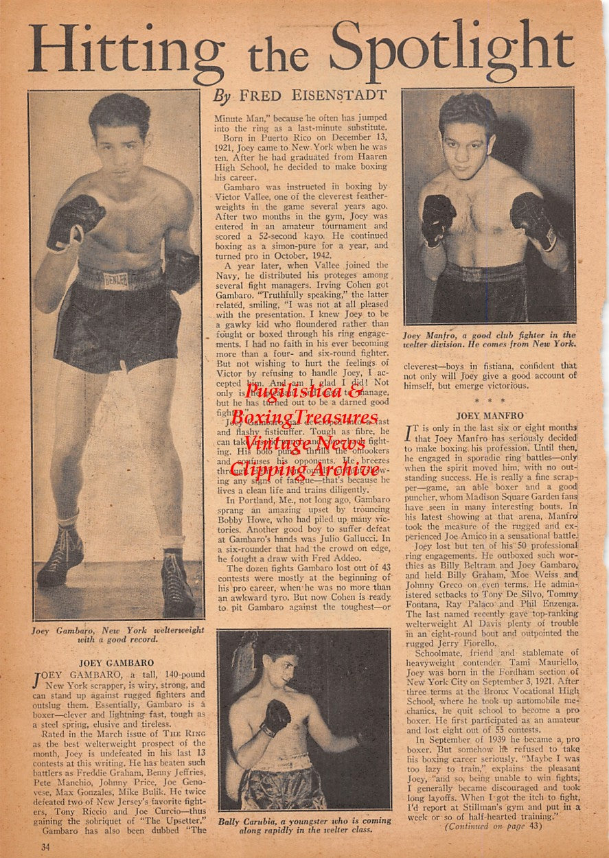 Boxing News Clipping #2500 - Joey Gambaro, Bally Carubia, Joey Manfro, Eddie Flores, Charlie Byrne, Alden Burnham, Eugene Brooks, Julian Smith, Martie Marlin, Michael Gombosa, James Goekas