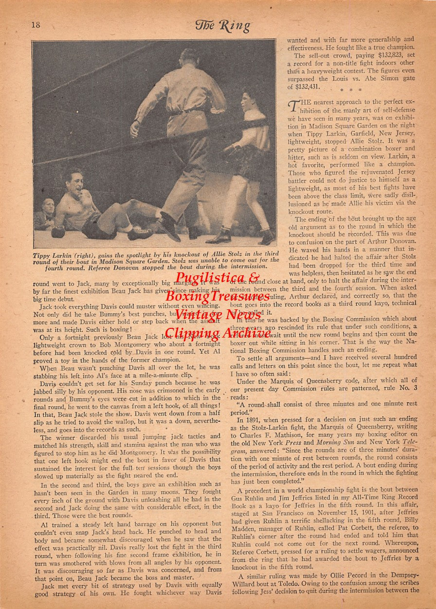 Boxing News Clipping #2508 - Al Bummy Davis vs. Beau Jack, Tippy Larkin vs. Allie Stolz, Arthur Donovan