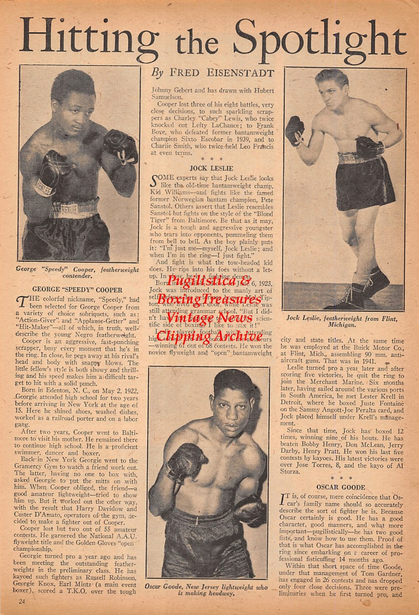 Boxing News Clipping #2520 - George Cooper, Jock Leslie, Oscar Goode, Lou Clark, Sal Spataro, Lloyd Grant, Mel Simmons, Babe Small, Sailor Elmer Davis, Charley Carr