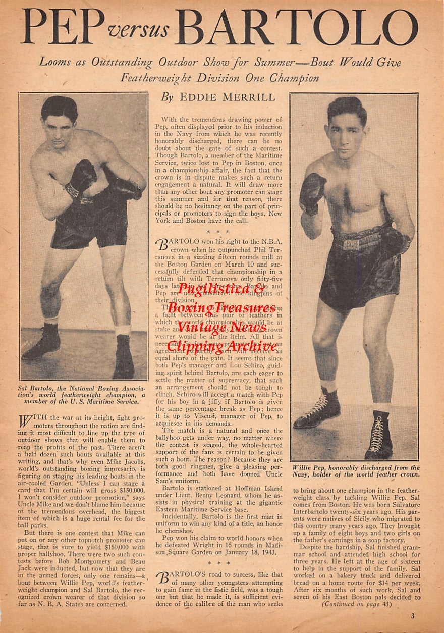 Boxing News Clipping #2526 - Willie Pep, Sal Bartolo, Irvin Cobb
