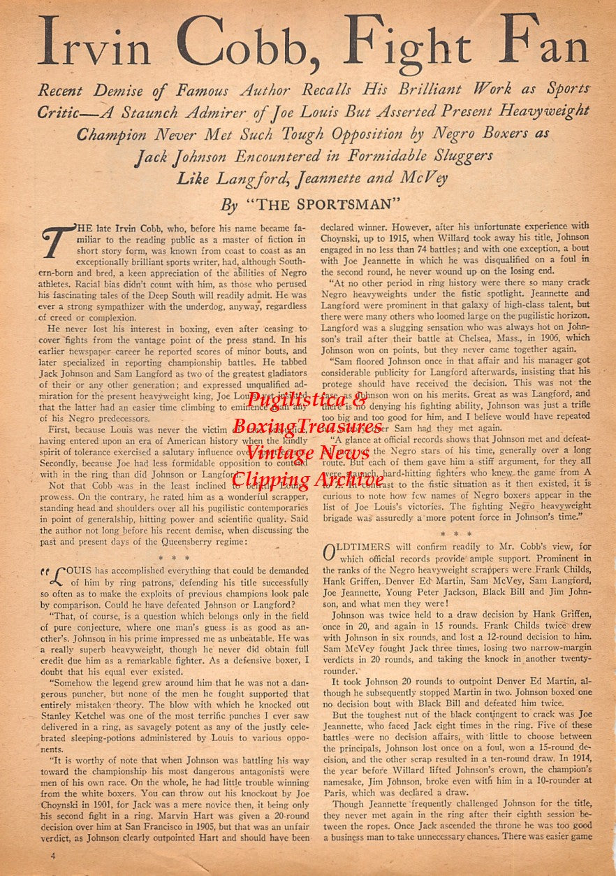 Boxing News Clipping #2526 - Willie Pep, Sal Bartolo, Irvin Cobb