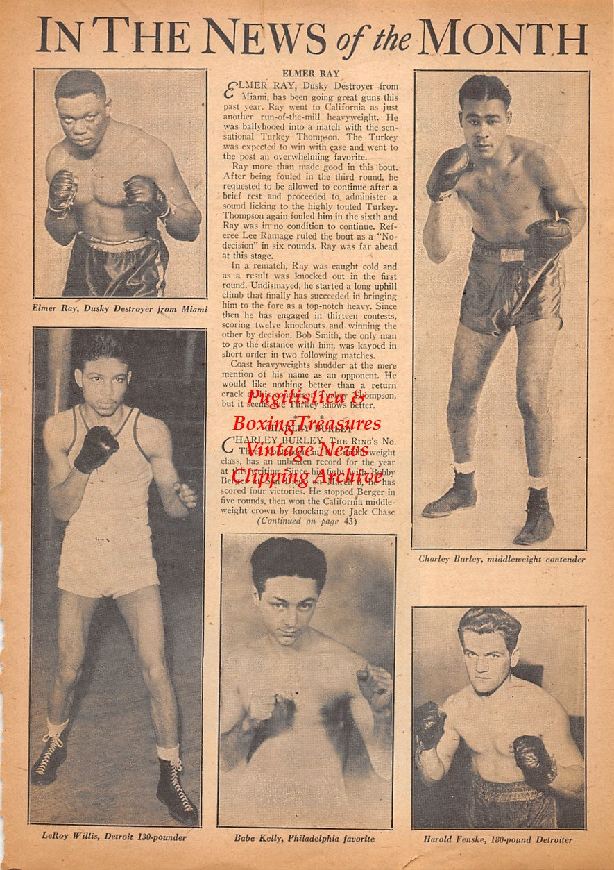 Boxing News Clipping #2528 - Elmer Ray, LeRoy Willis, Babe Kelly, Harold Fenske, Charley Burley, Henry Armstrong, Aaron Perry