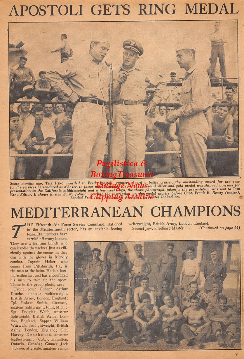 Boxing News Clipping #2554 - Pancho Villa, WWII Boxing, Fred Apostoli, Frank Beatty, Arthur Deache, Douglas Webb, William Warwick, Harvey Deschenes, Jack Jackson and others