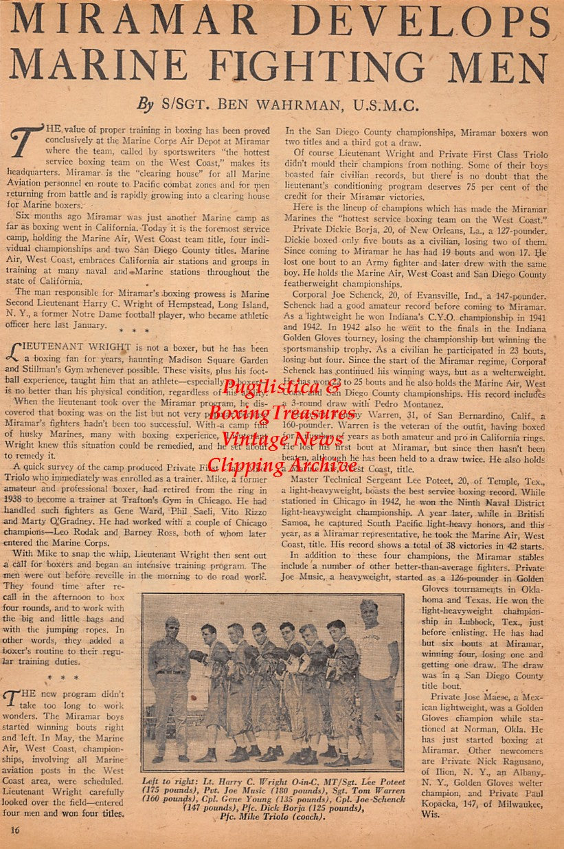 Boxing News Clipping #2556 - Jimmy Clark, Wallace Cross, Johnny Abbott, Jackie Leamus, Ruben Shank, Dom Amoroso, WWII Marine Boxers, Harry Wright, Lee Poteet, Joe Music, Tom Warren, Gene Young, Joe Schenck, Mike Triolo