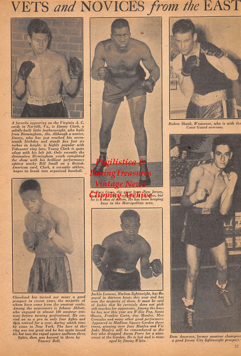 Boxing News Clipping #2556 - Jimmy Clark, Wallace Cross, Johnny Abbott, Jackie Leamus, Ruben Shank, Dom Amoroso, WWII Marine Boxers, Harry Wright, Lee Poteet, Joe Music, Tom Warren, Gene Young, Joe Schenck, Mike Triolo