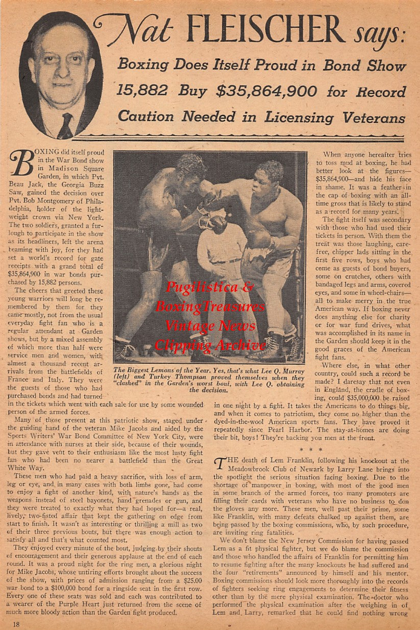 Boxing News Clipping #2557 - Turkey Thompson vs. Lee Q. Murray, Jack Dempsey, Anthony Cianciola, Joe Guzman, Sammy Nagel, Bob Ward, Walter Scott, Jee Walker, Fred Valencia, Ken Diehl, Joe Sworek, Matt Jiminez, Gil Mojica, Fred Kojer, James Weaver