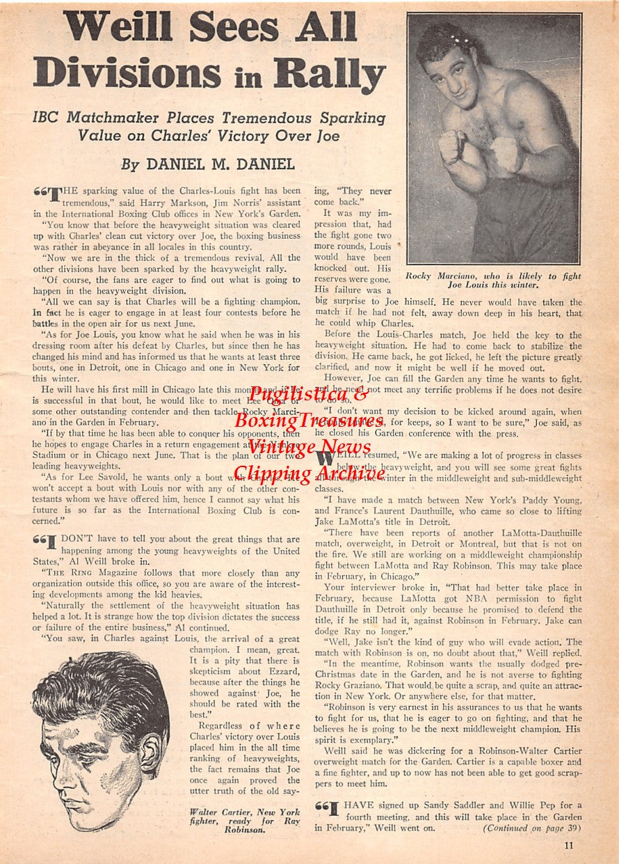 Boxing News Clipping #2569 - Rocky Marciano, Al Weill, Walter Cartier, Bob Fitzsimmons, Jess Willard