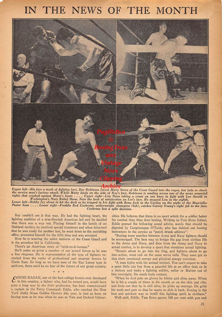 Boxing News Clipping #262 - Sugar Ray Robinson, Marty Servo, Lou Nova, Lee Savold, Bobby Ivy, Red Cochrane, Garvey Young, Eddie Eagan