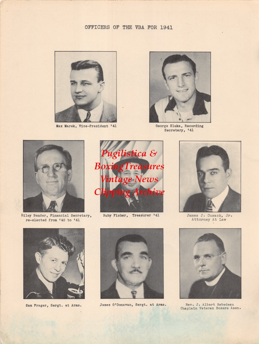 Boxing News Clipping #2628 - John Egan, Max Marek, George Sluka, Riley Bender, Ruby Fisher, James J. Cusack, Sam Frager, James O' Donovan, Rev. J. Albert Rebedeau