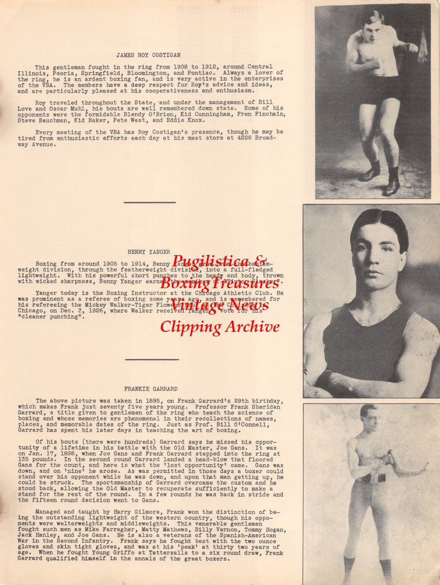Boxing News Clipping #2633 - James Roy Costigan, Benny Yanger, Frankie Garrard, Jimmy Gardner, Harry Gordon, Ruby Hirsch