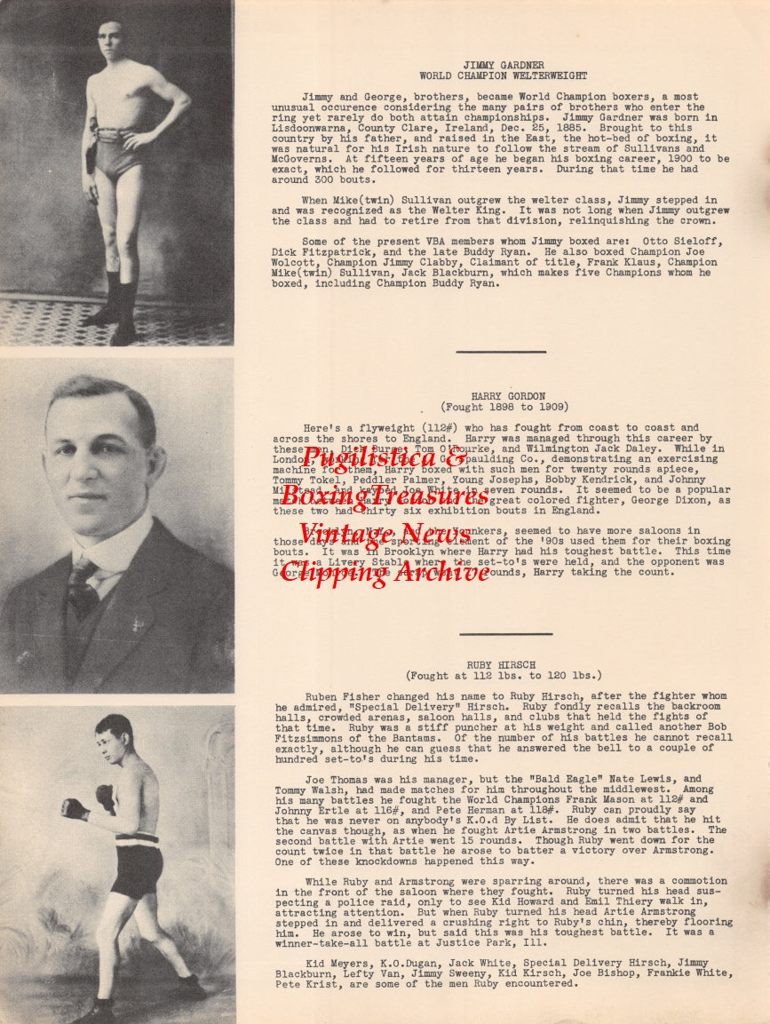 Boxing News Clipping #2633 - James Roy Costigan, Benny Yanger, Frankie Garrard, Jimmy Gardner, Harry Gordon, Ruby Hirsch