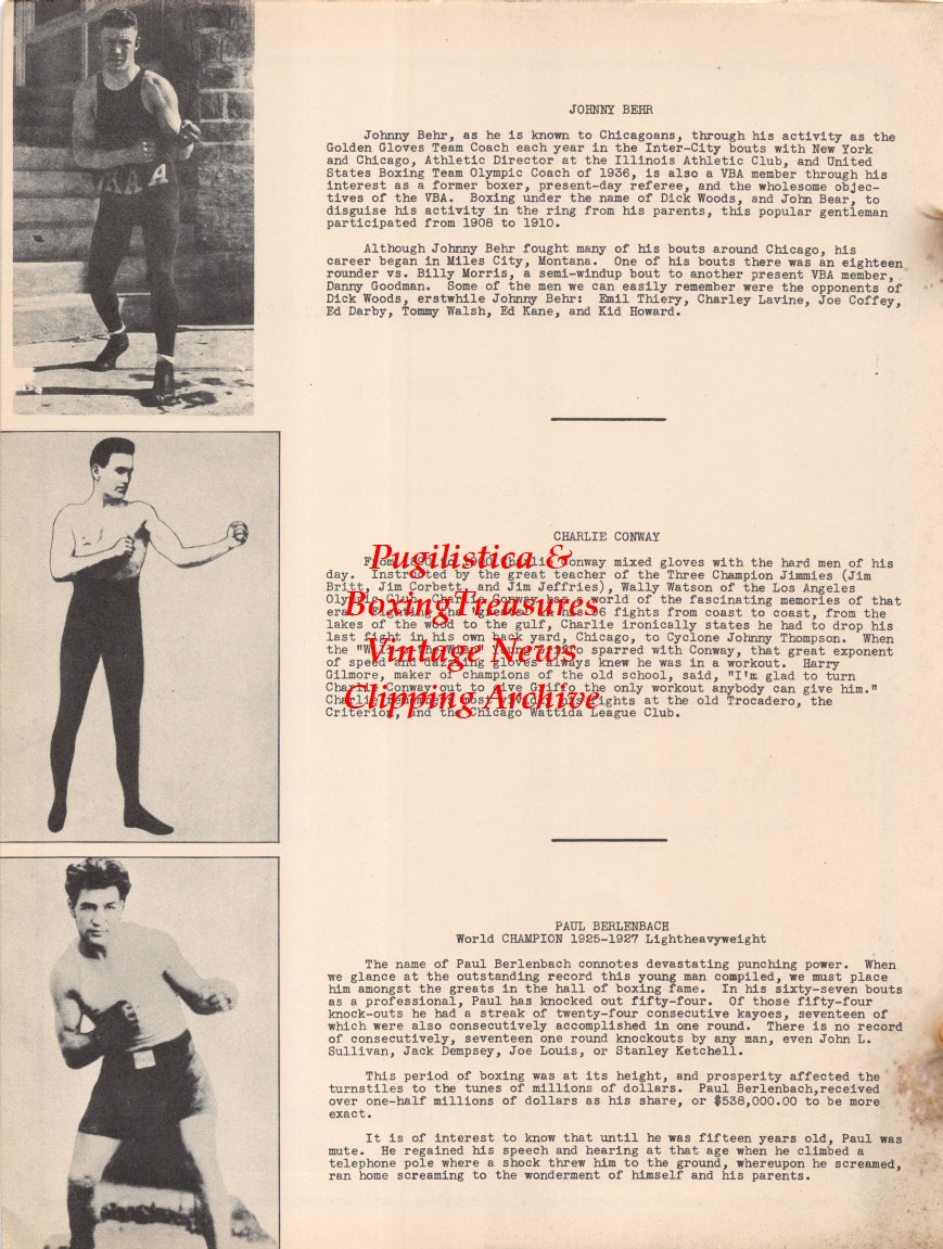 Boxing News Clipping #2637 - Johnny Behr, Charlie Conway, Paul Berlenbach