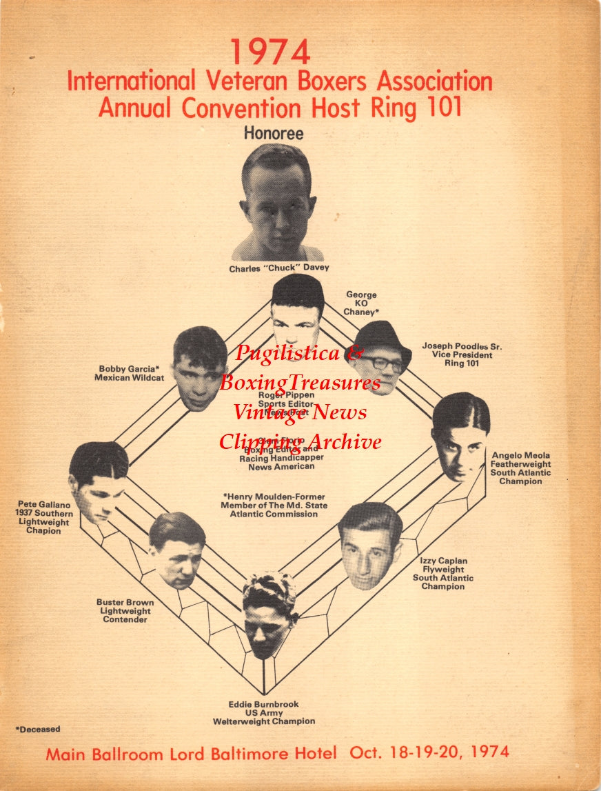 Boxing News Clipping #2648 - Chuck Davey, George K.O. Chaney, Joe Poodles Sr., Angelo Meola "Ace Dundee", Izzy Caplan, Eddie Burnbrook, Buster Brown, Pete Galiano, Bobby Garcia