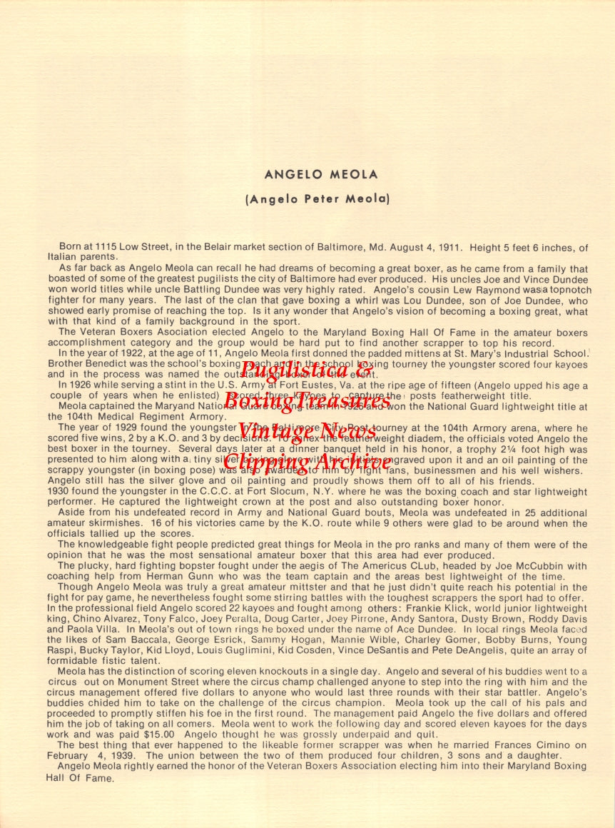 Boxing News Clipping #2655 - Joe Poodles Sr., Angelo Meola (Ace Dundee)