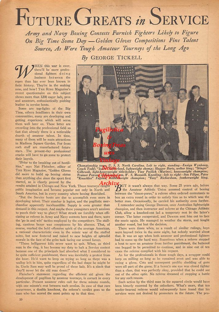 Boxing News Clipping #270 - 1942 U.S.S. North Carolina Boxing Team with Ensign Wynkoop, "Juice" Sutherland, Slugger Bartz, "Stinger" Gilbrook, "Tiny" Pavlich, Petrone (trainer), Leiut. Com. W.S. Maxwell, San Filipo, Patsy Fagone, "Easy" Richardson ++
