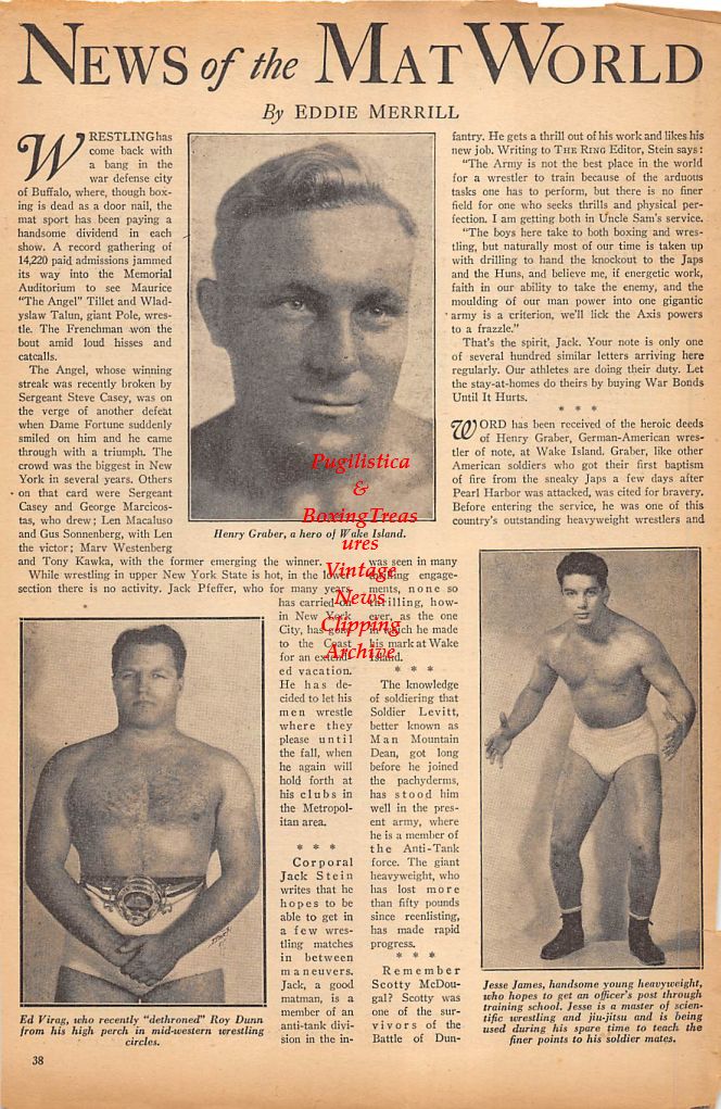 Boxing News Clipping #275 - Arthur Chambers, Jimmy Carroll, Sam Collyer, and Wrestlers: Henry Graber, Ed Virag, Jesse James