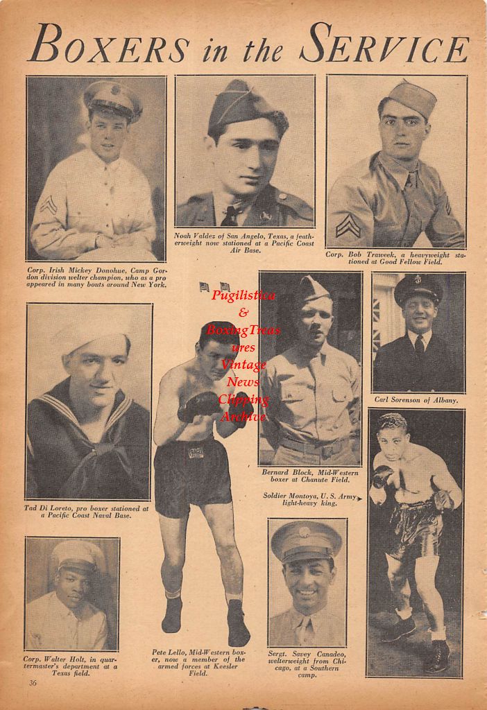 Boxing News Clipping #279 - Mickey Donohue, Noah Valdez, Bob Traweek, Pete Lello, Soldier Montoya, Walter Holt, Savey Canadeo, Bernard Block, Carl Sorenson, Tad DiLoreto