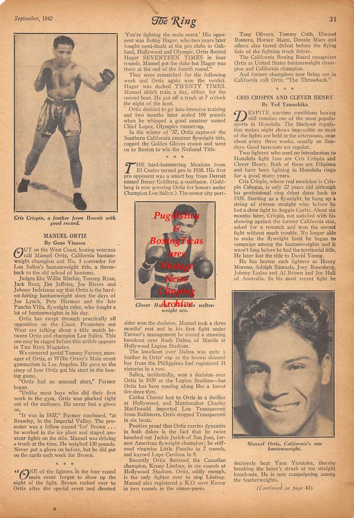 Boxing News Clipping #281 - Al Sheridan, Tommy Campanella, Leo Torres, Herbert Marshall, Cris Crispin, Clever Henry, Manuel Ortiz