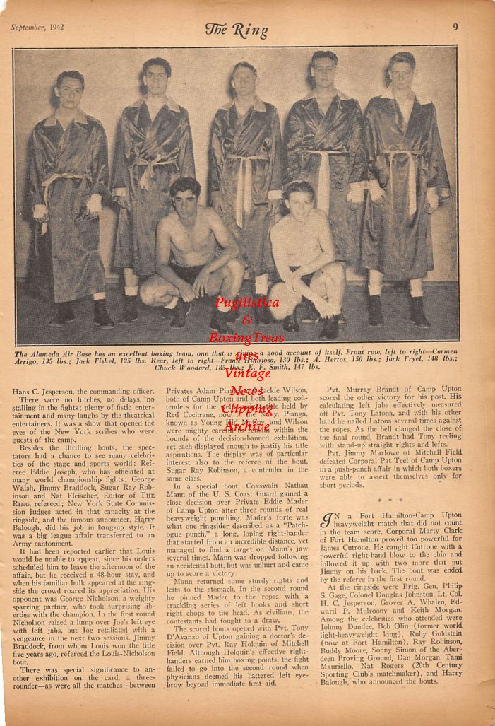 Boxing News Clipping #290 - Alameda Air Base Boxing Team, Carmen Arrigo, Jack Fishel, Frank Hinajosa, Jack Fryel, Chuck Woodard and more