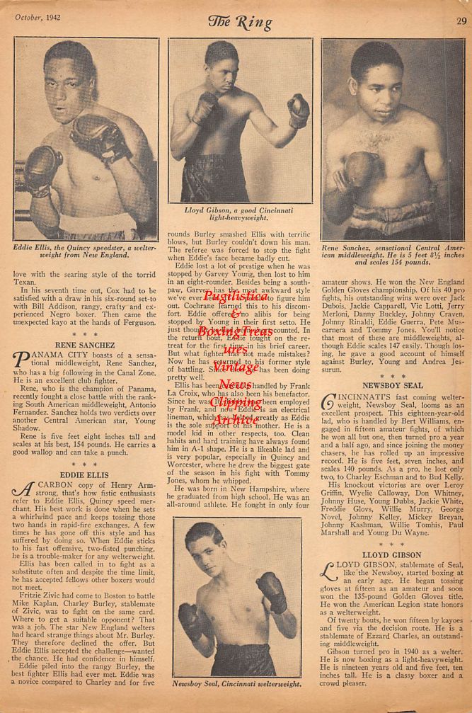 Boxing News Clipping #295 - Jack Onorto, Jackie Jurich, Autrey Barnes, Eddie Ellis, Lloyd Gibson, Rene Sanchez, Newsboy Seal