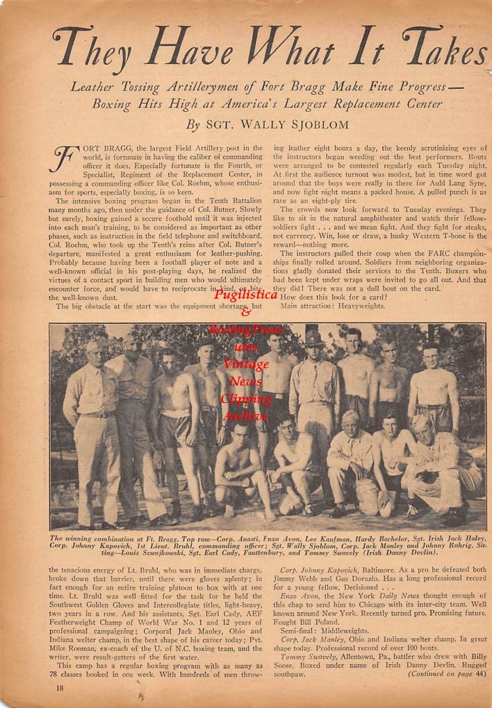 Boxing News Clipping #297 - Fort Bragg Boxing, Enzo Avon, Lee Kaufman, Hardy Bachelor, Jack Haley, Johnny Kapovich, Wally Sjoblom, Jack Manley, Johnny Rohrig, Earl Cady and more