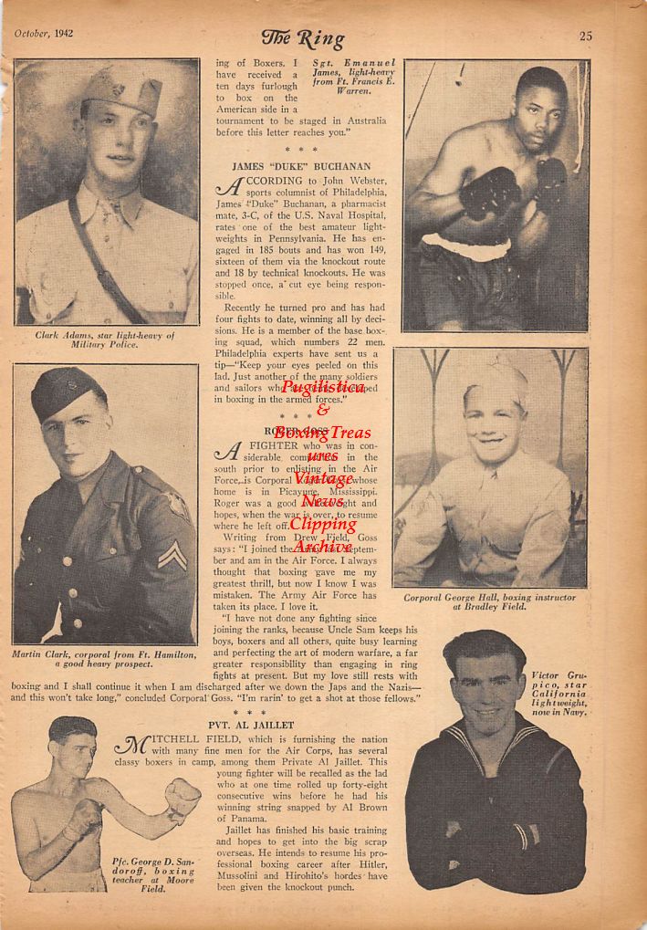 Boxing News Clipping #301 - Clark Adams, Martin Clark, George Sandoroff, Emanuel James, George Bell, Victor Grupico, Leroy Costantino, Alan Willard, Nick Sullo, Lenny Mancini, Jackie Tiger Flowers