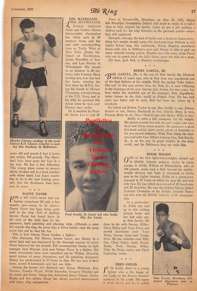 Boxing News Clipping #308 - Nels Broadhead, Bobby Garcia Jr., Leo Matriciani, Charley Chaney, Fred Gould, Slim Terror