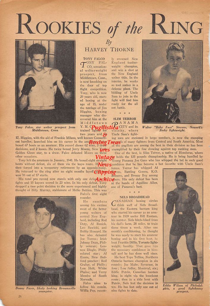Boxing News Clipping #313 - Tony Falco, Walter Stevens, Danny Faver, Eddie Wilson, James Christy, Joe Bliss, Pete Misto, Bernard Bredemeier, Nat Lehrer