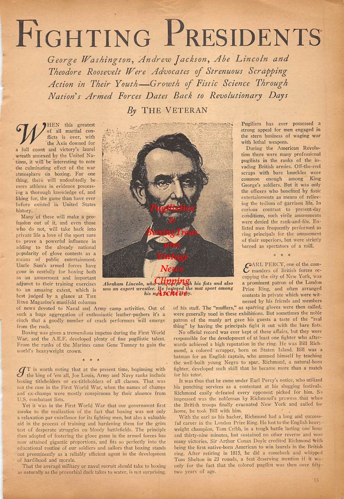 Boxing News Clipping #318 - "Fighting Presidents" Abraham Lincoln, Teddy Roosevelt, Andrew Jackson