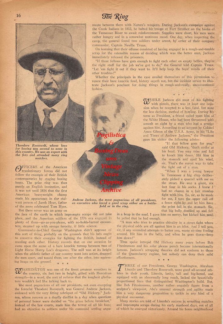 Boxing News Clipping #318 - "Fighting Presidents" Abraham Lincoln, Teddy Roosevelt, Andrew Jackson